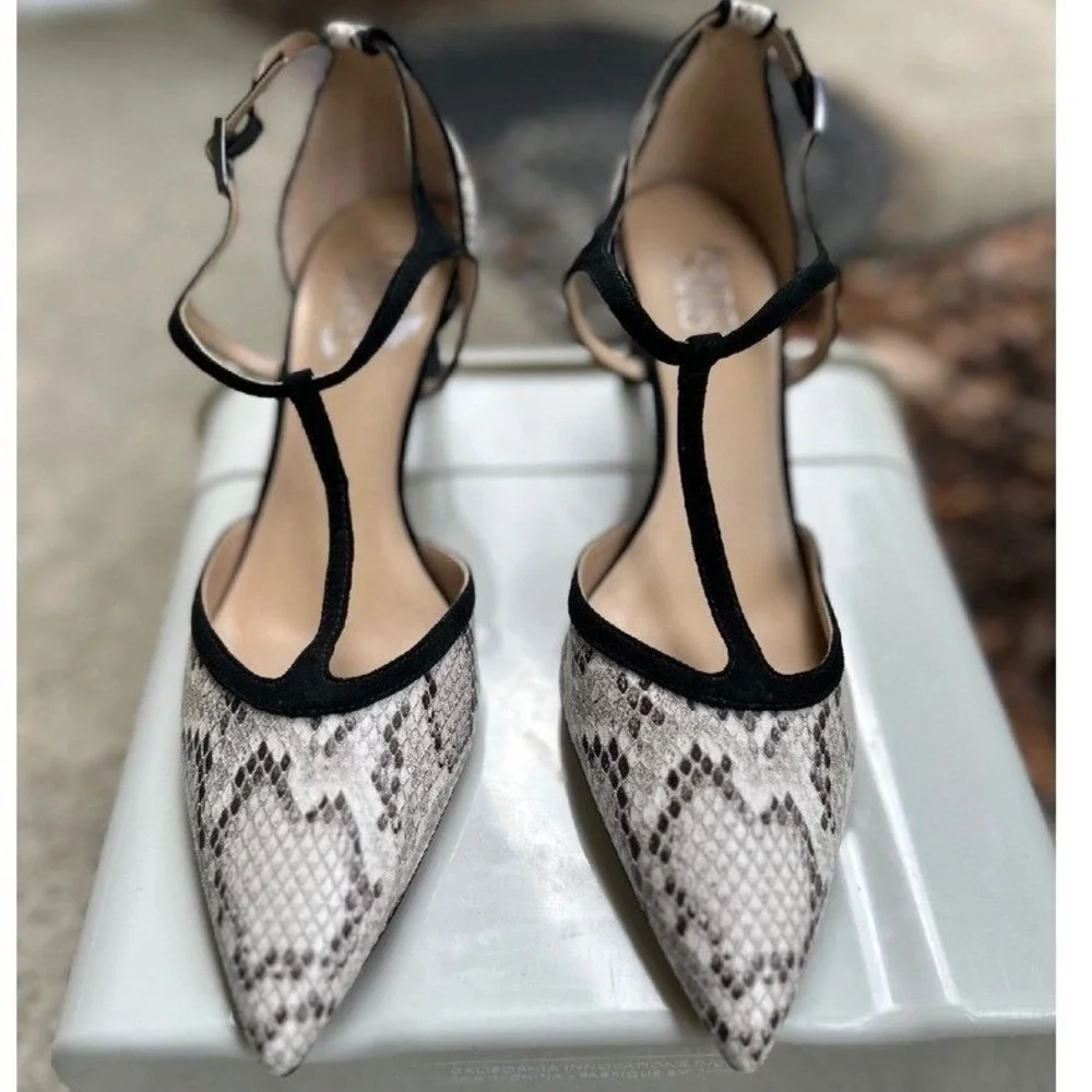 Franco Sarto Snakeskin Heels Pointed Toe Pumps Black Trim‎ Woman's 9.5M - Picture 4 of 11